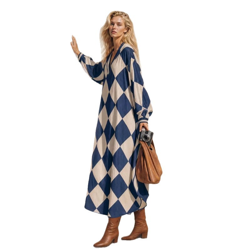 Retro Plaid V-Neck Lantern Sleeve Loose Casual Dress