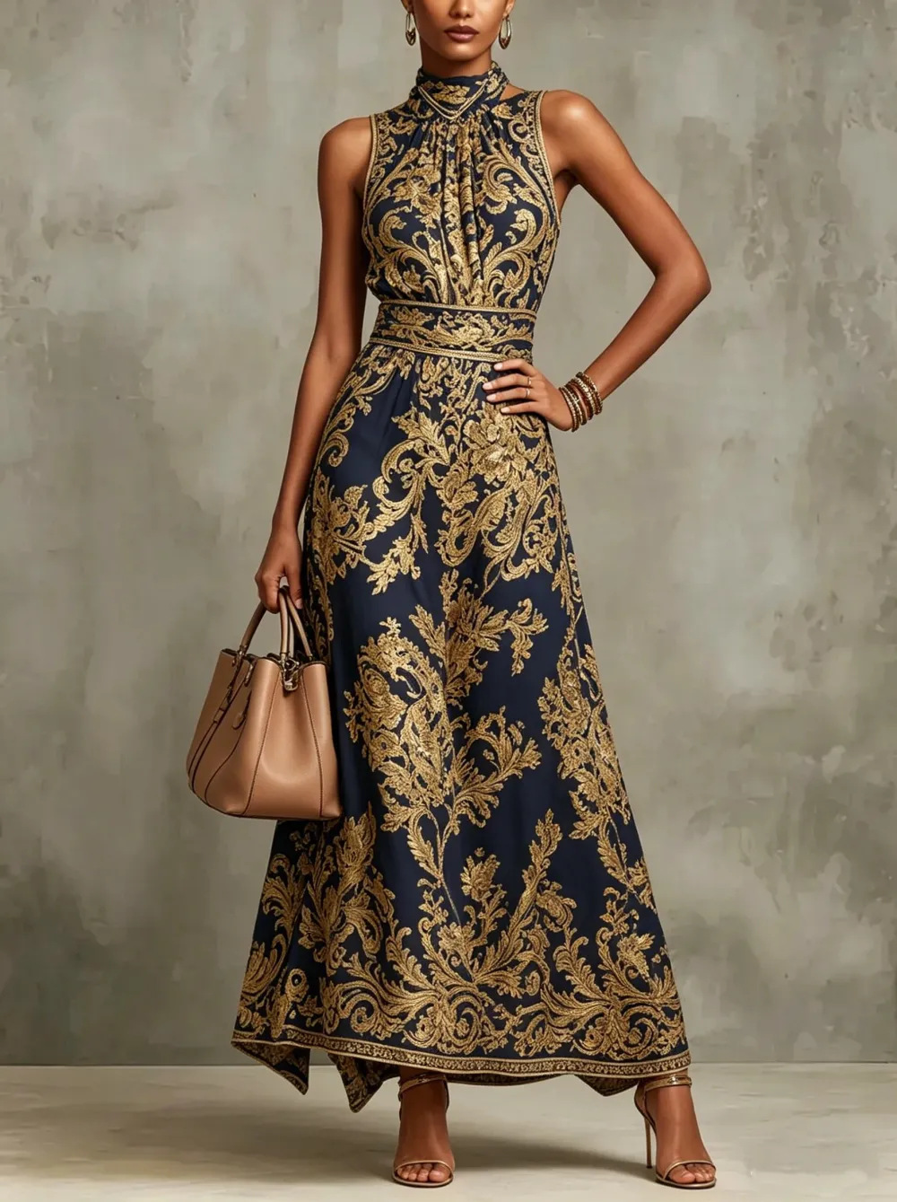 Vintage Gold Embroidered Long Slim Evening Dress