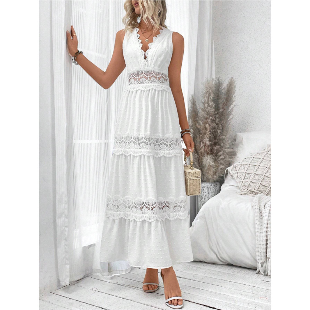 VCAY Women's Lace Panel V-Neck Sleeveless A-Line Maxi Dress