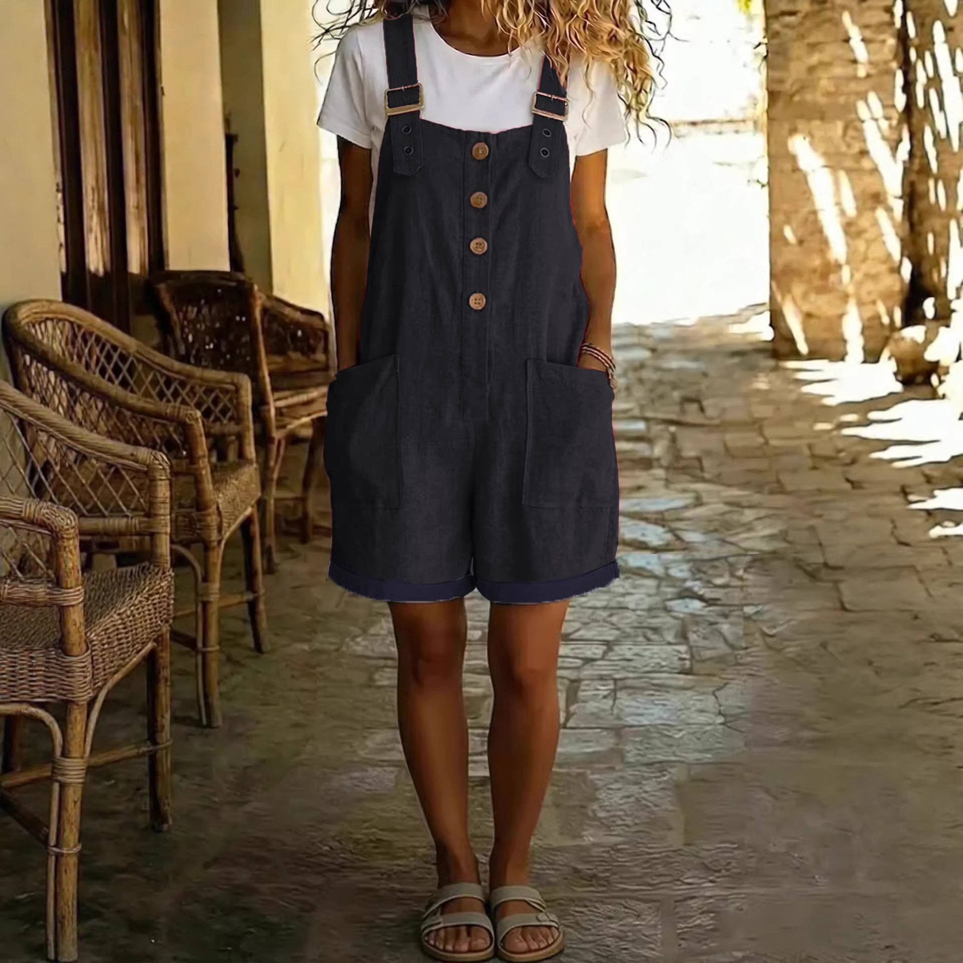 Women's Cotton-Linen Solid Color Vintage Straight-Leg Overall Shorts with Pockets
