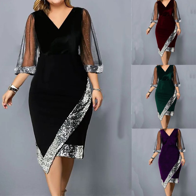 Gold Velvet Asymmetric Sequin Sheer Mesh Women's Dress