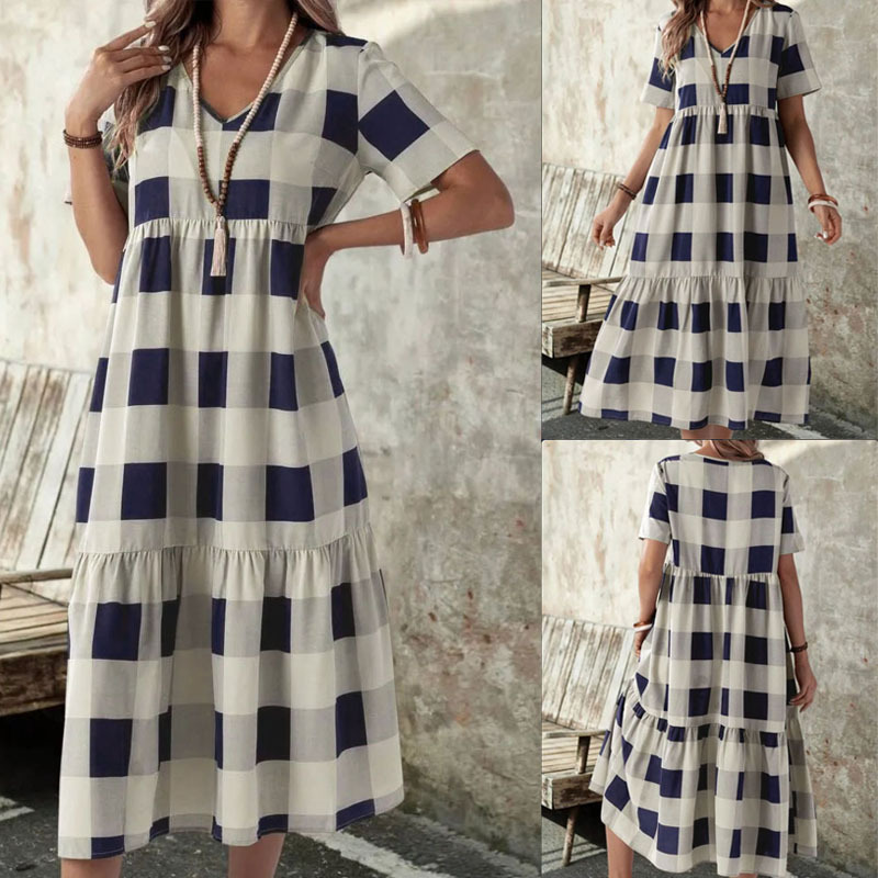 Plaid V-Neck Short Sleeve Maxi Dress