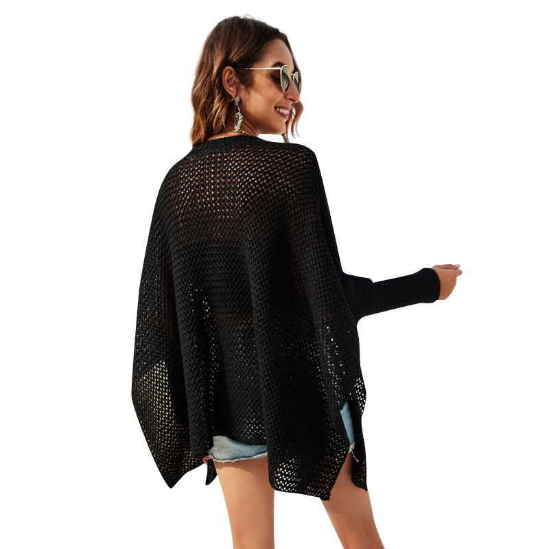 Women's Loose Hollow-Out Knit Top with Round Neck and Batwing Sleeves