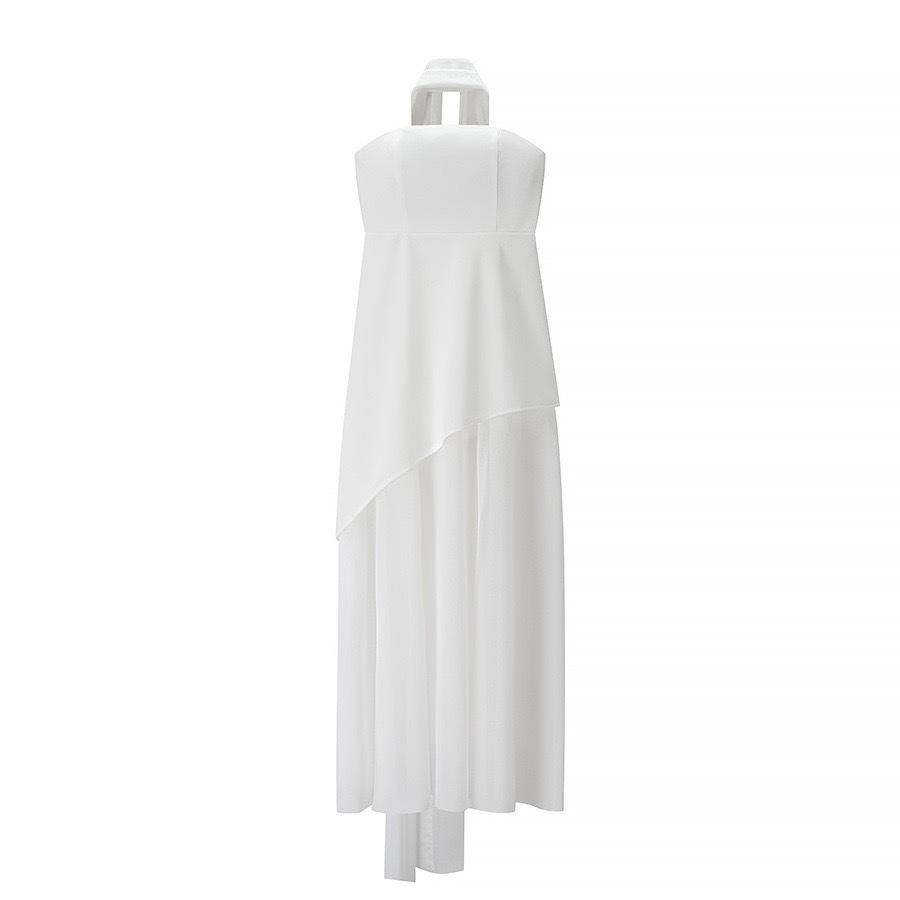 ZA-Style Tie-Neck Halter Mesh Panel A-Line Dress