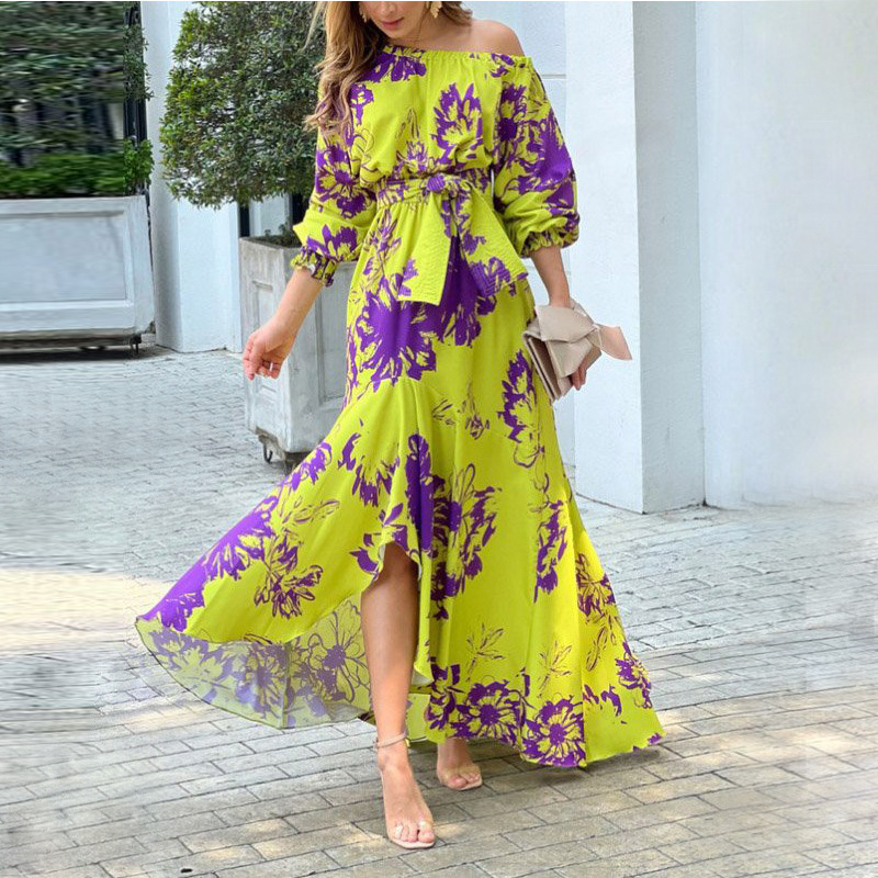 Women's Printed One-Shoulder Waist-Cinched Dress