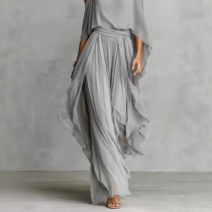 Gray Chiffon Off-Shoulder Cami & Wide-Leg Pants Set