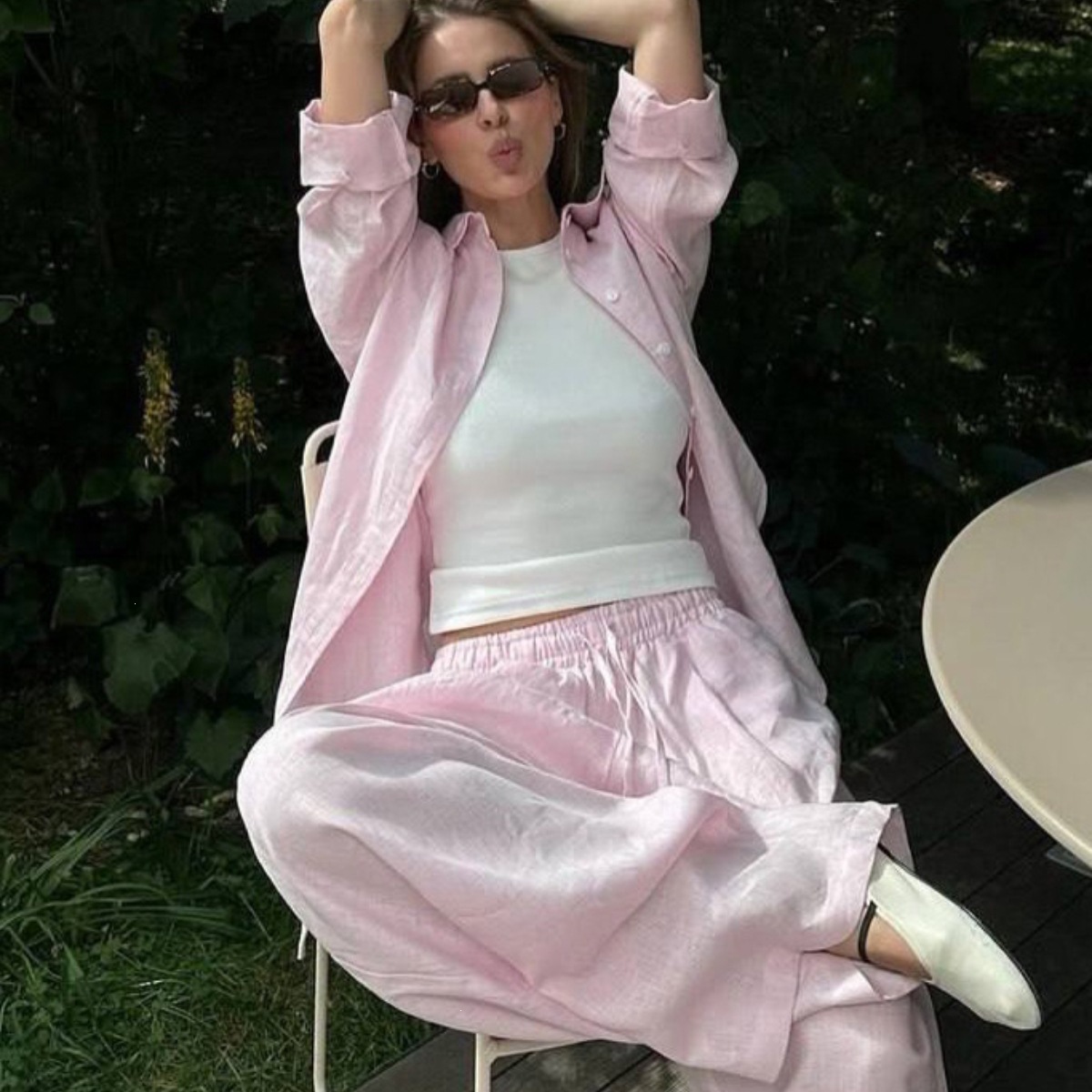 Women's Solid Linen Shirt and Pants Set Long Sleeve Loose Fit Two-Piece