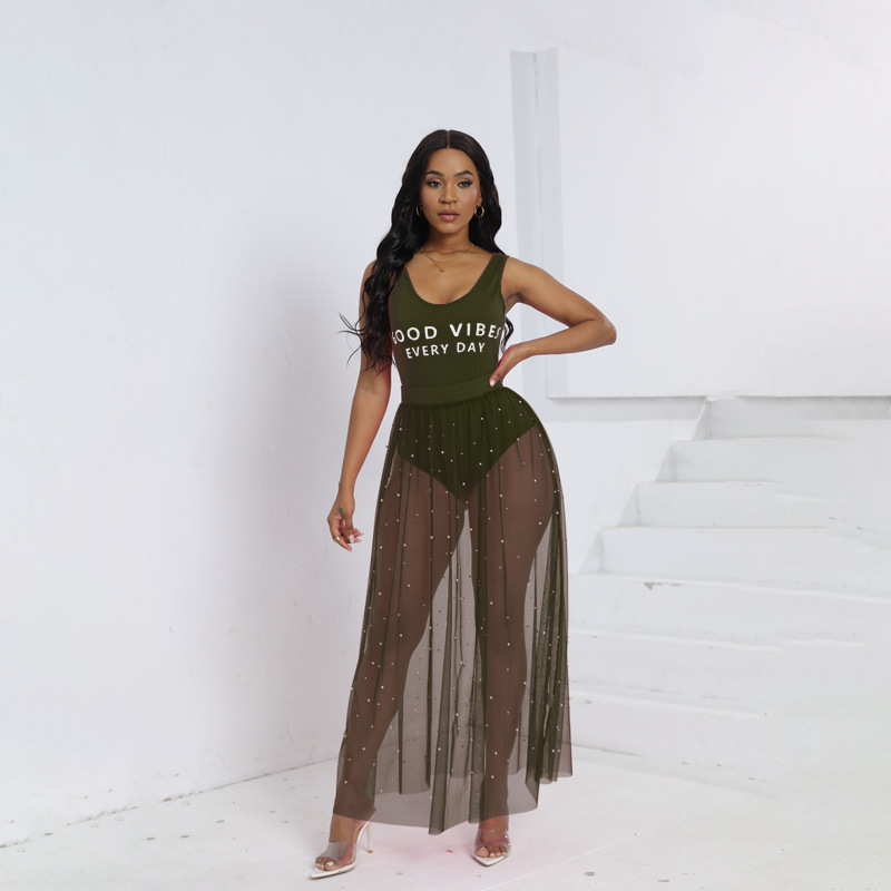 Sexy Sheer Mesh Two-Piece Bodysuit and Maxi Skirt Set with Hand-Beaded Details