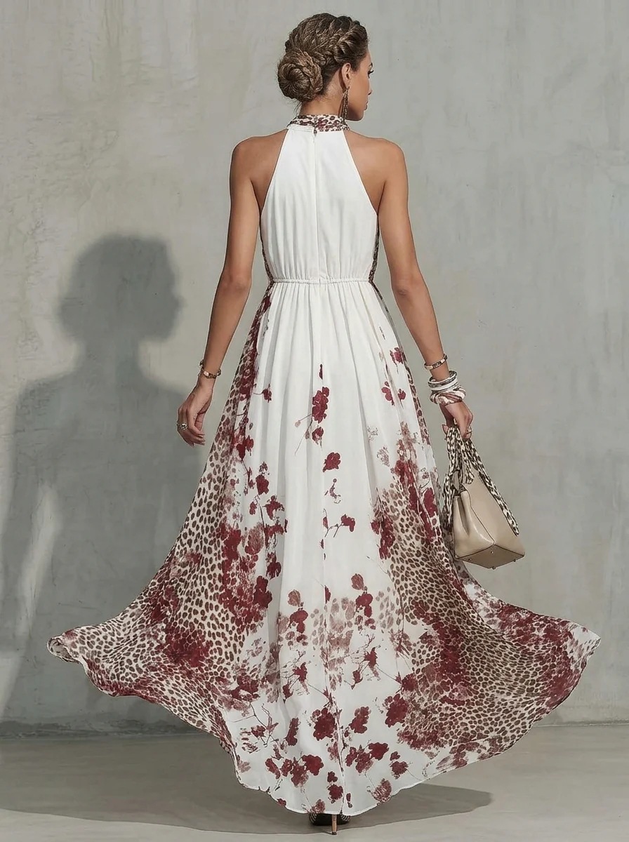 Leopard Print Halter Maxi Dress Women's Summer Cinched Waist Slimming Dress