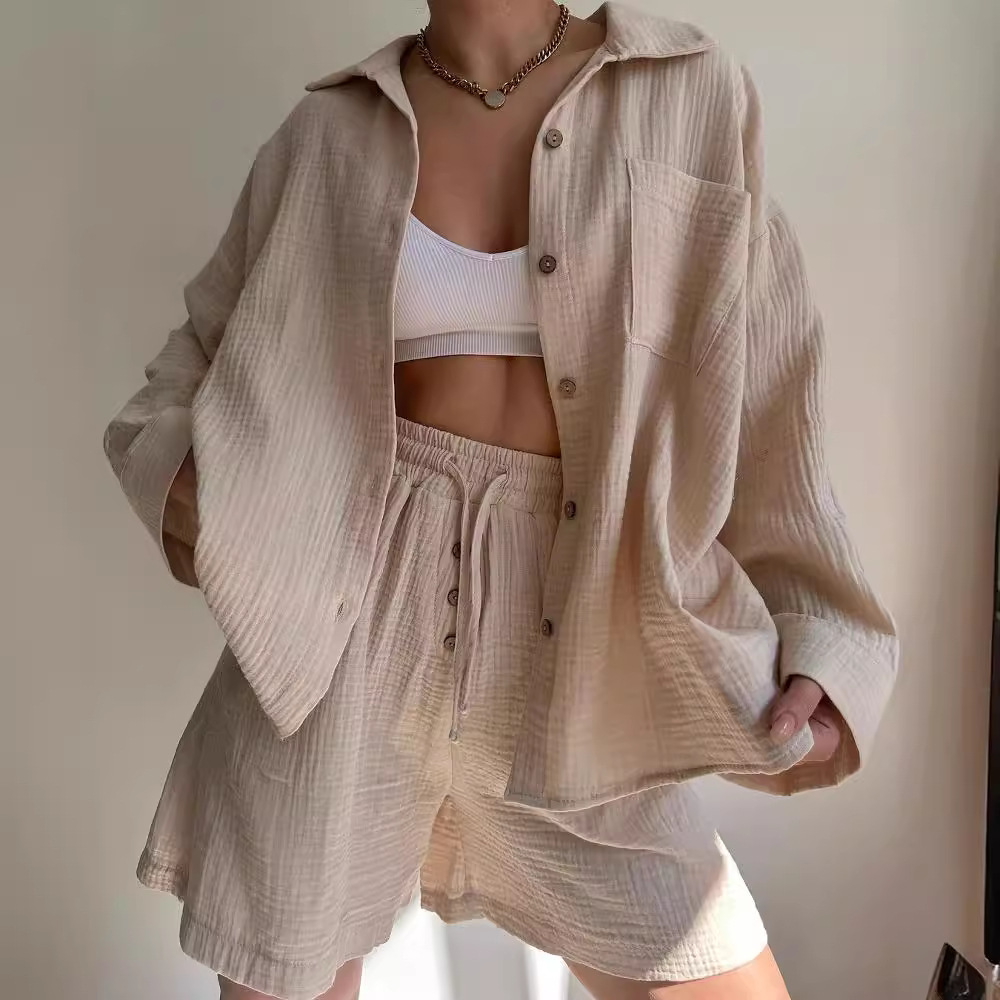 Women's Textured Collared Long Sleeve Shirt and Drawstring Shorts Set