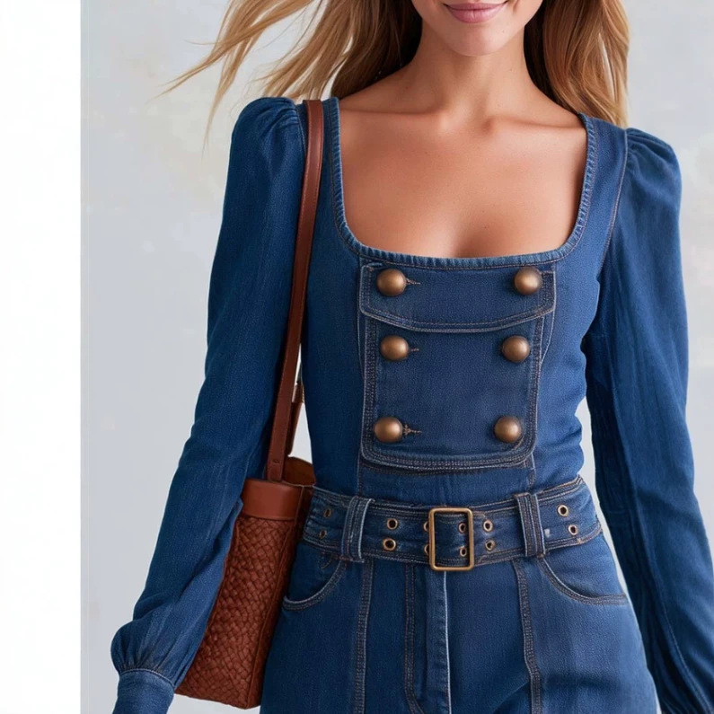 Retro Western Square Neck Puff Sleeve Belted Romper