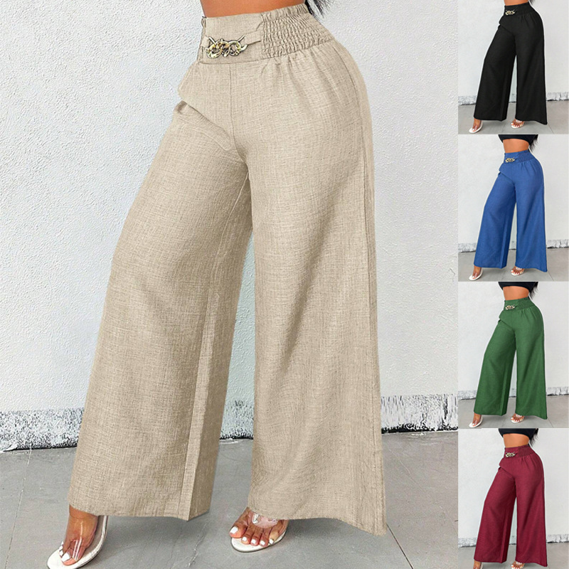 Women's High-Waist Wide-Leg Pants with Elastic Waist and Chain Detail
