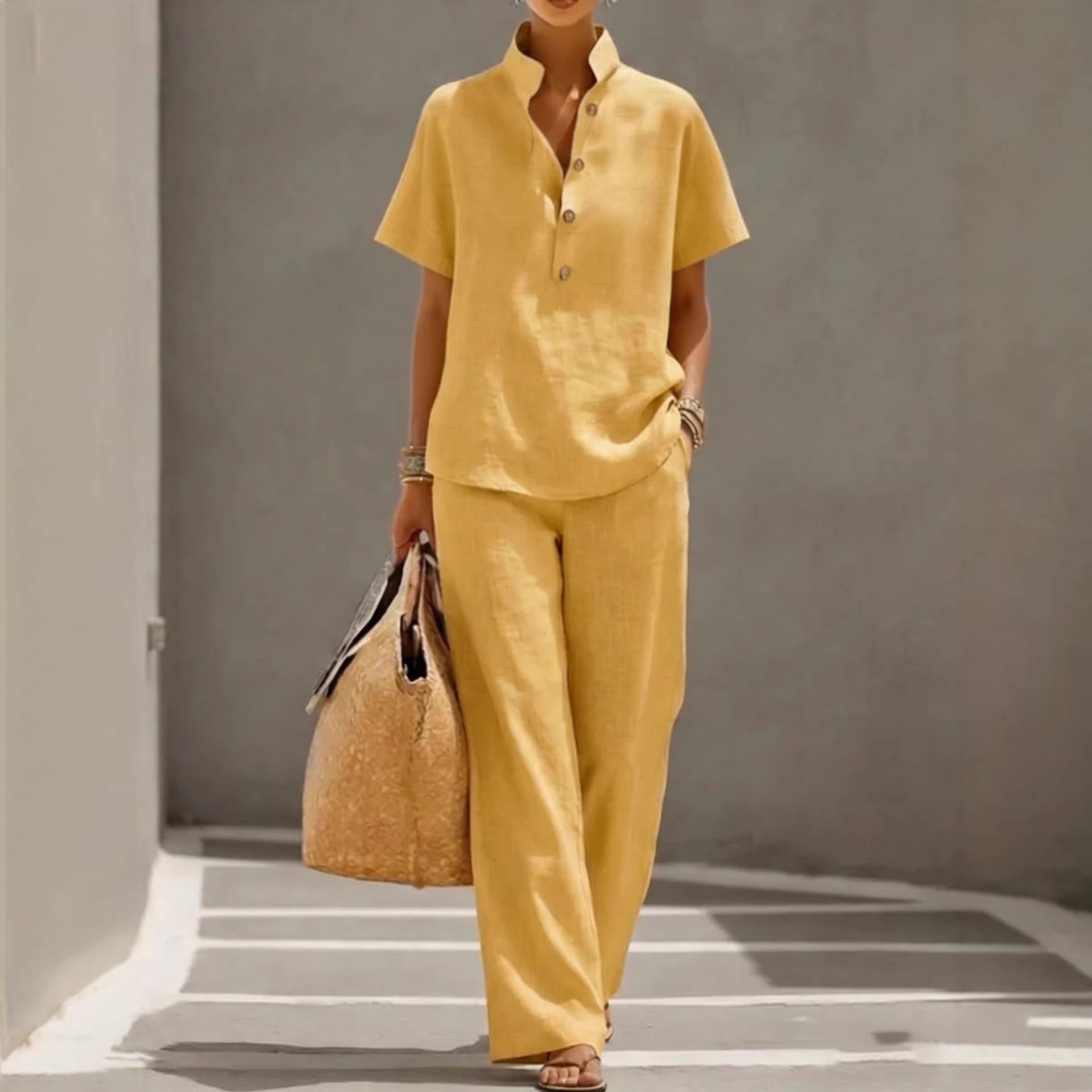 Women's Casual Open-Front Short-Sleeve Top and Pants Solid Color Set