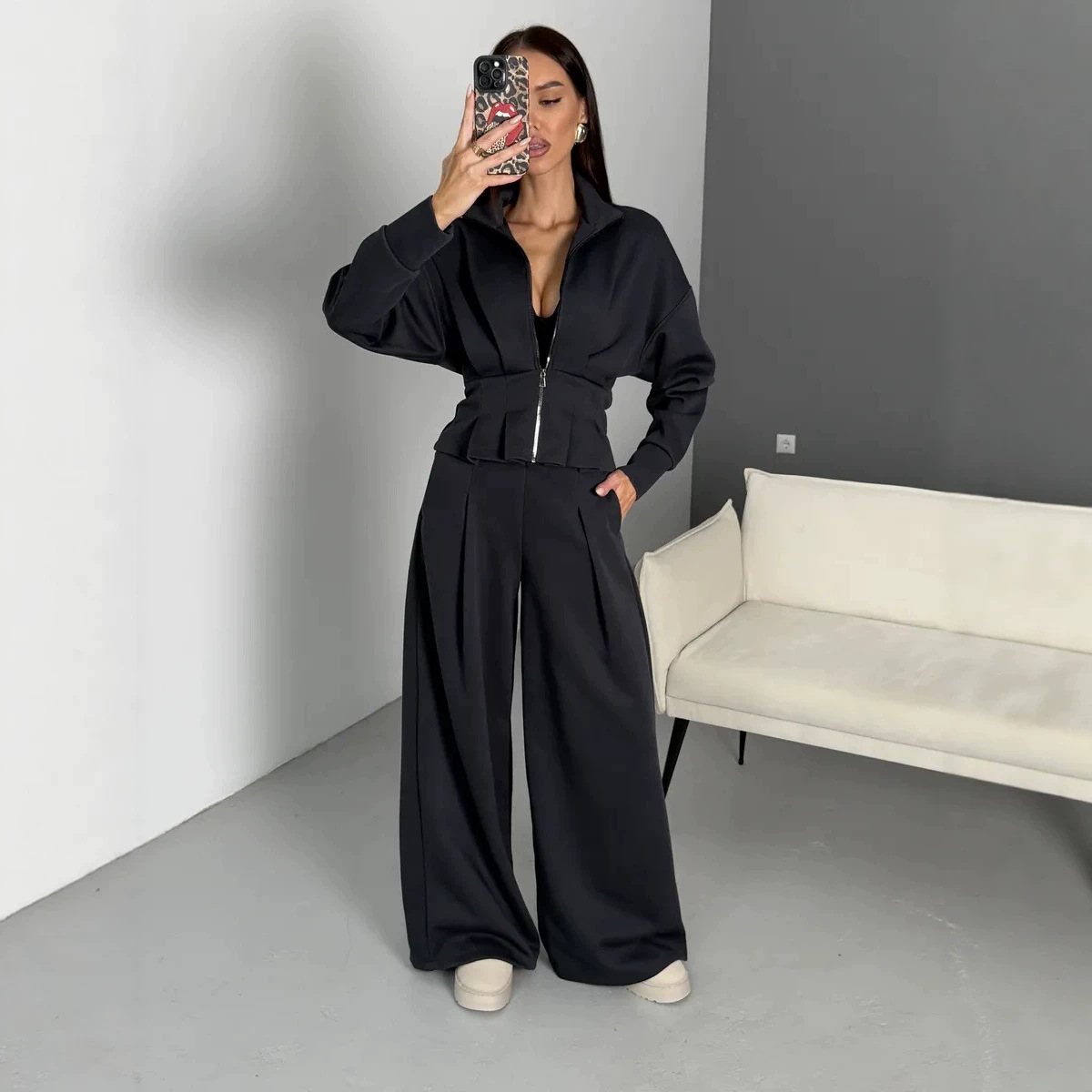 Women's Stand Collar Long Sleeve Cinched Hoodie and Pants Two-Piece Set