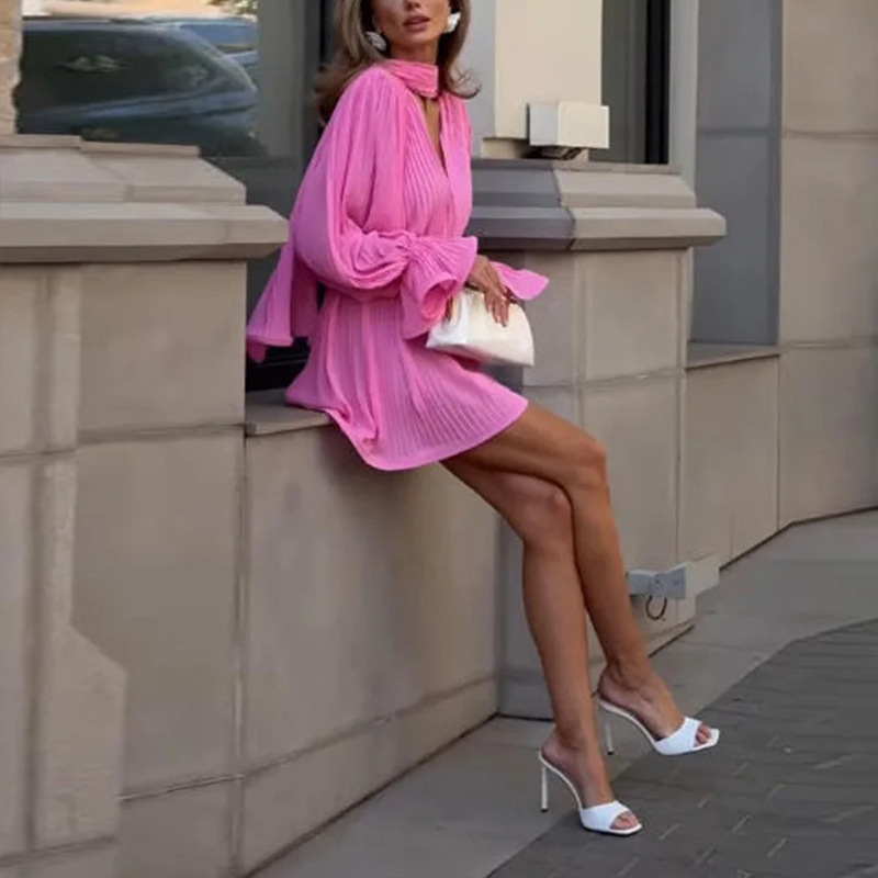 Beach Vacation Solid Color Dress with Waist Tie and Ruffle Trim