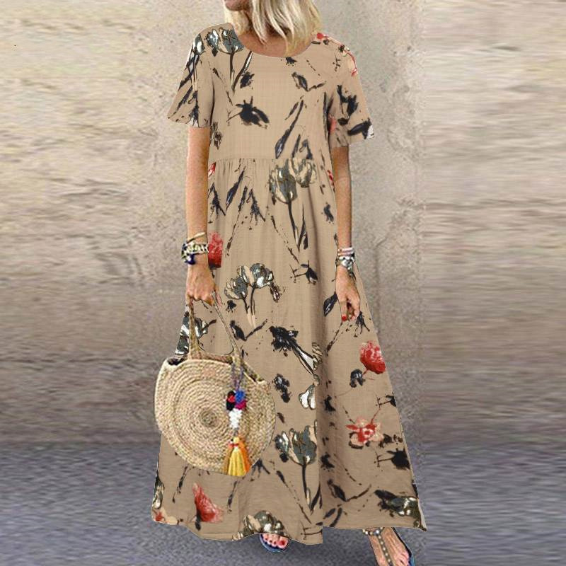 Women's Summer Short Sleeve Round Neck A-Line Midi Dress Cotton Linen Floral Print