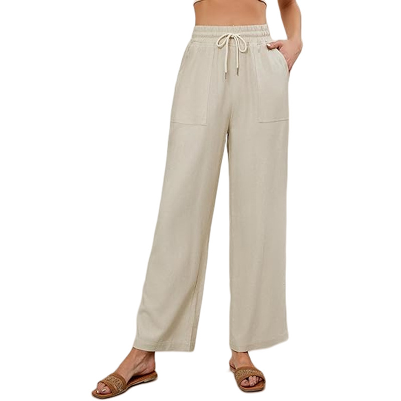 Women's Cotton Linen Straight Leg Pants Solid Color Casual Wide Leg Trousers