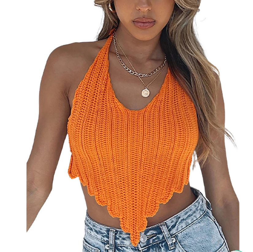 Women's Halter Open-Back V-Neck Sleeveless Knit Top