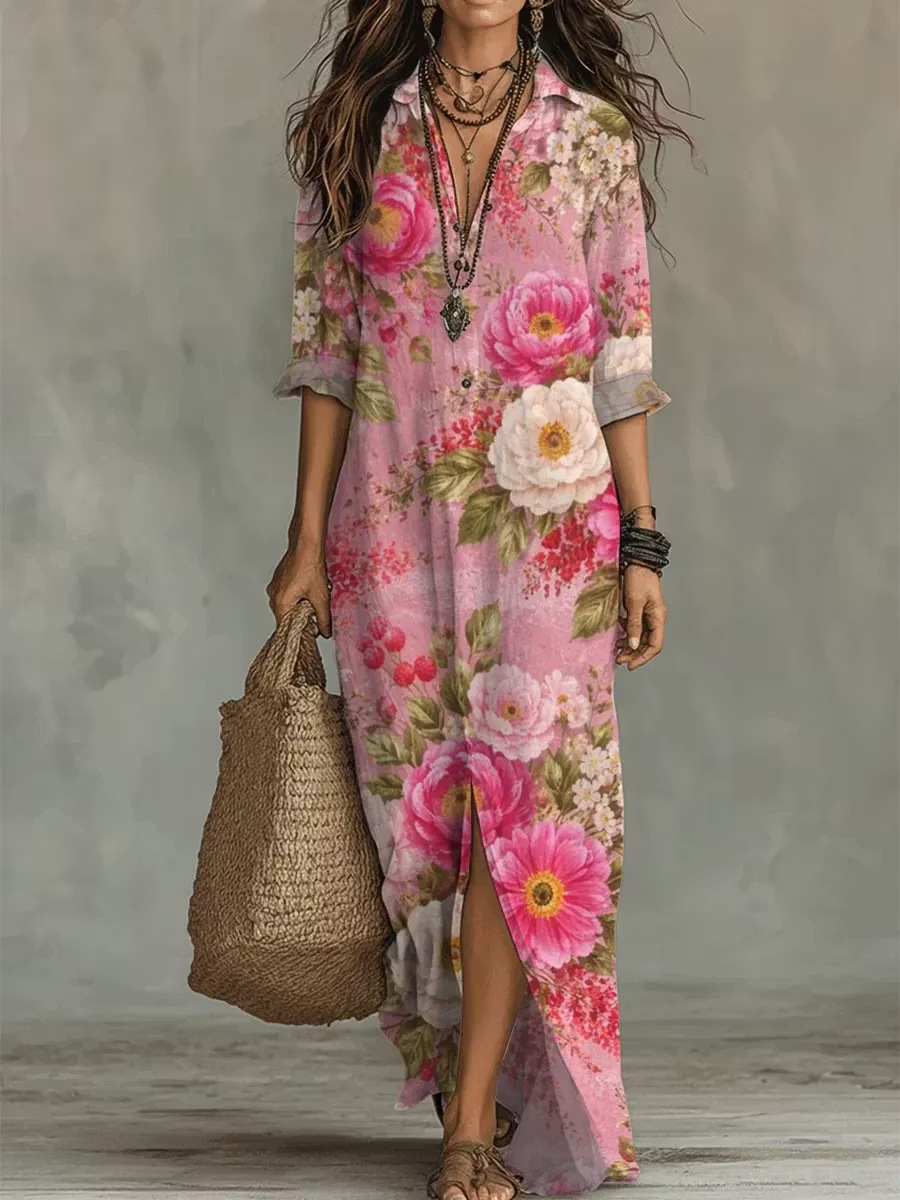 Bohemian V-Neck Midi Dress Short Sleeve A-Line Geometric Print
