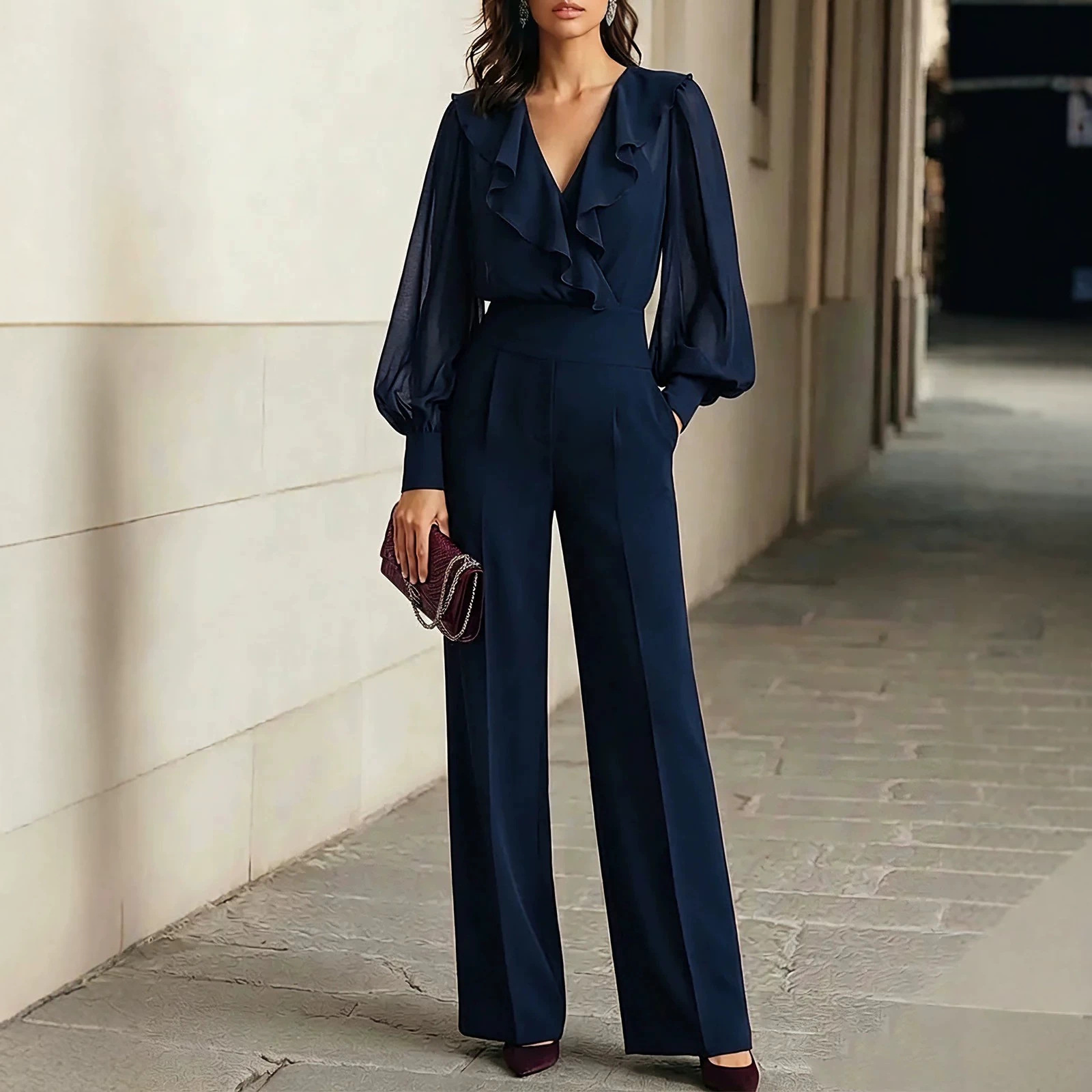 Navy Ruffled V-Neck Bubble-Sleeve Chiffon Top & High-Waist Wide-Leg Pants Set