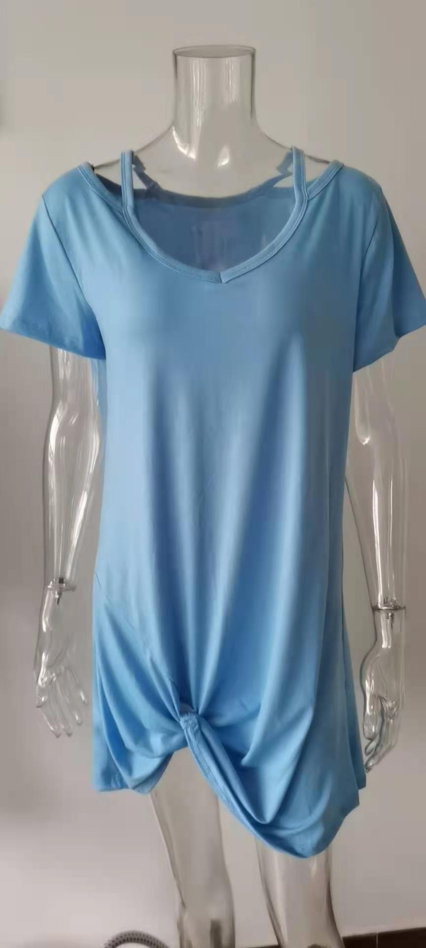 Women's V-Neck Short Sleeve Knotted T-Shirt Dress Solid Color Asymmetrical Hem