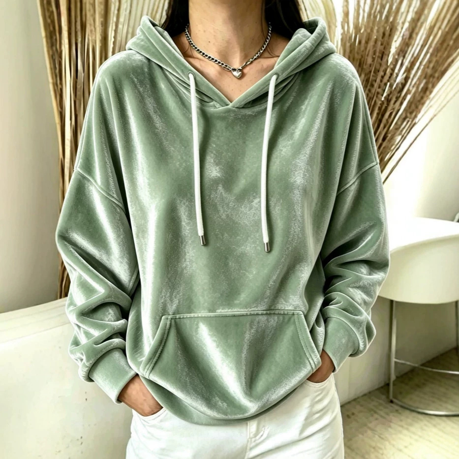 Velvet Hooded Drawstring Pocket Pullover Sweatshirt