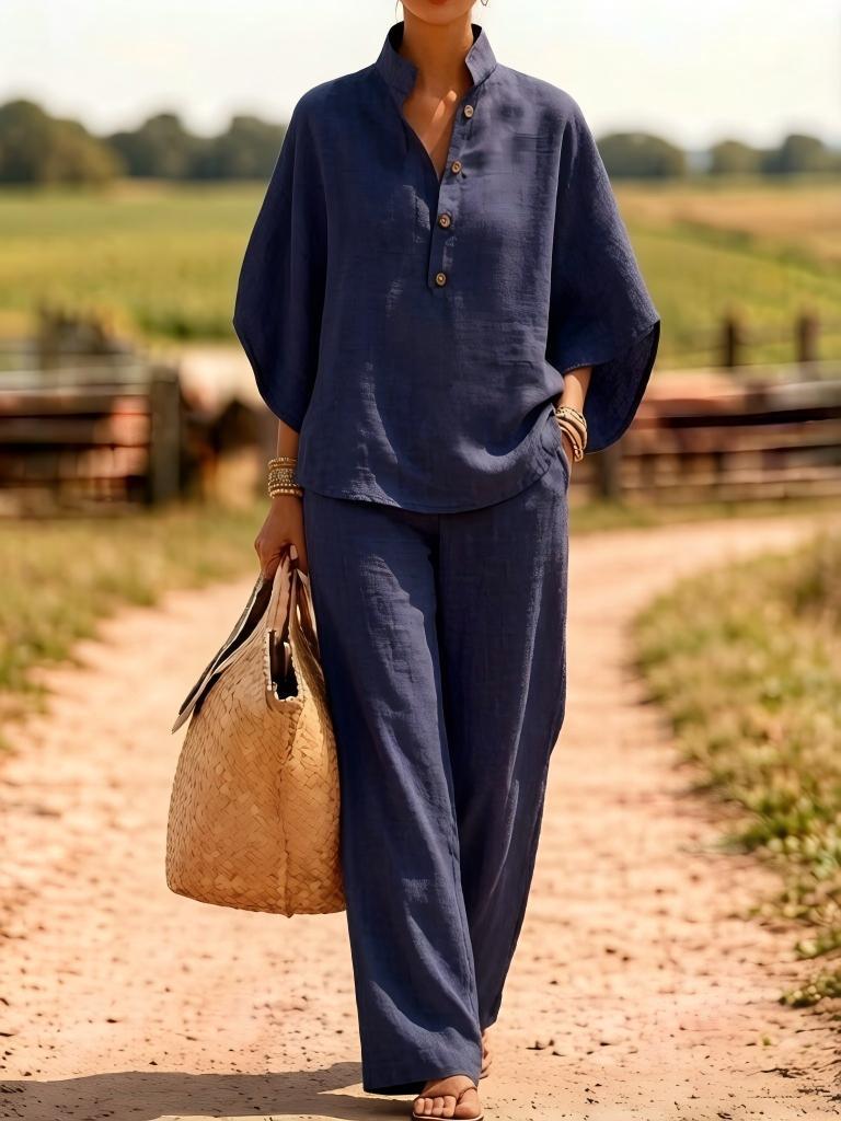 Women's Linen Blend Button Shirt and Wide-Leg Pants Two-Piece Set