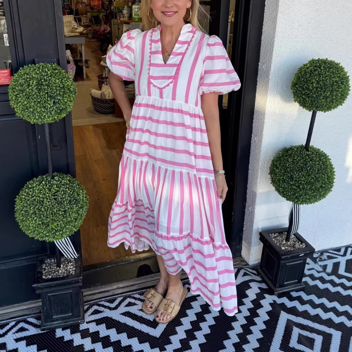 Striped Long Dress with V-Neck and Lantern Sleeves
