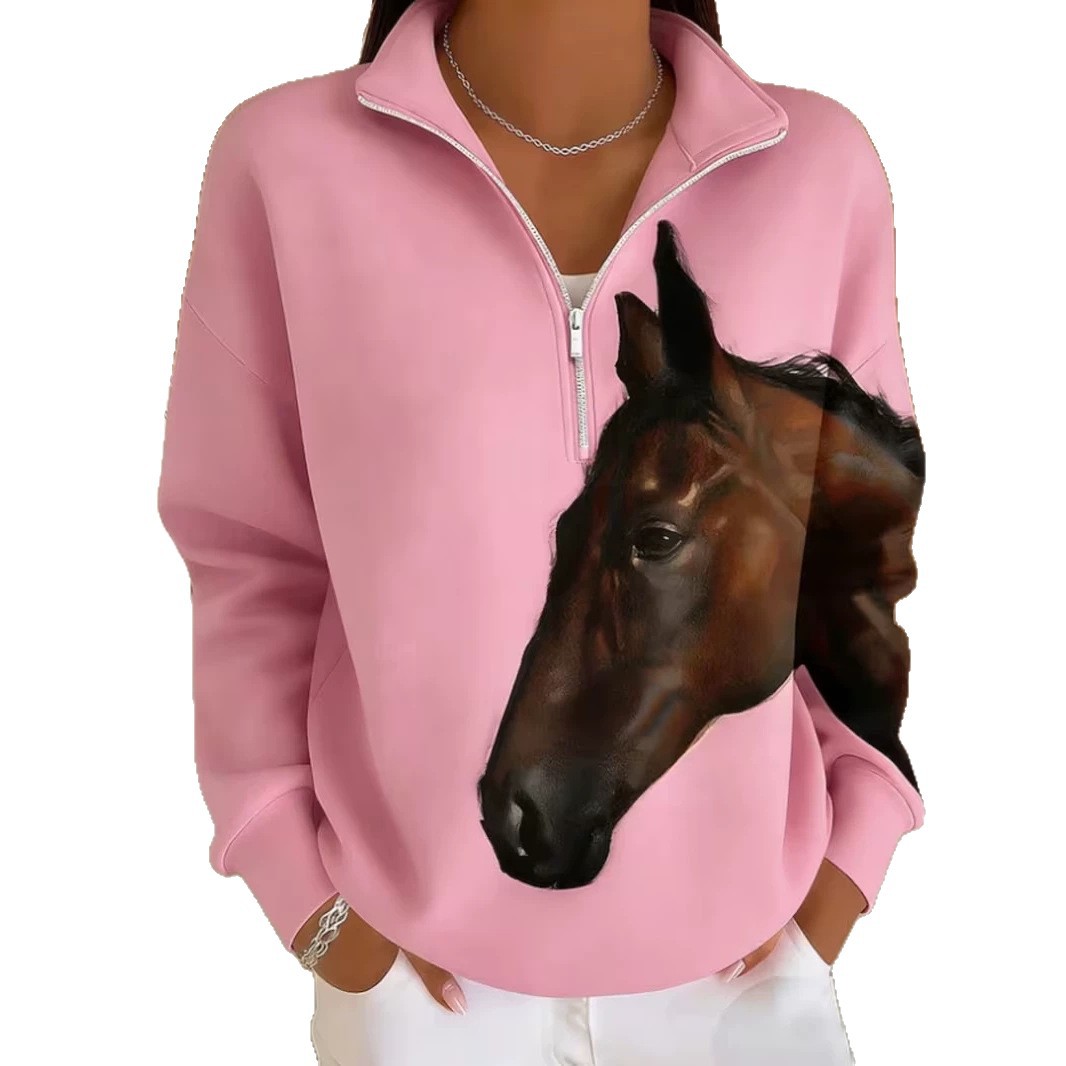 Horse Print Half-Zip Hoodie for Women