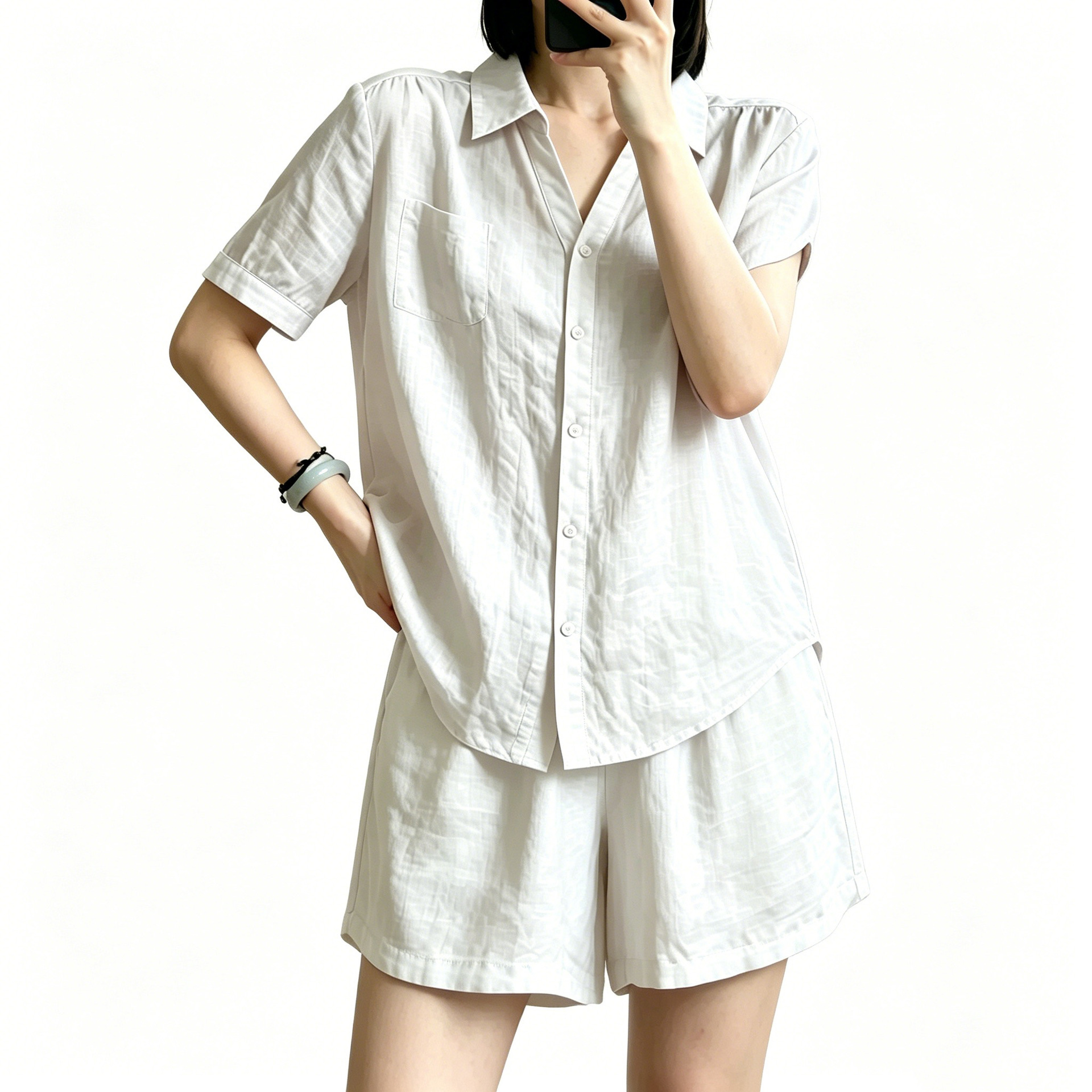Women's Casual Solid Color Shirt and Shorts Set with Lapel Collar and Short Sleeves