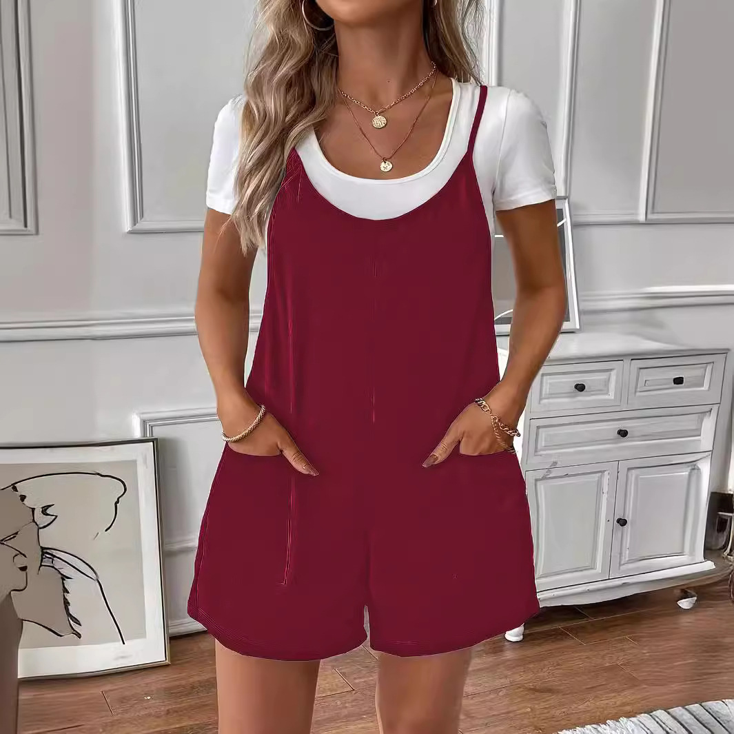 Solid Color Pocket Cami Romper Loose Casual Jumpsuit