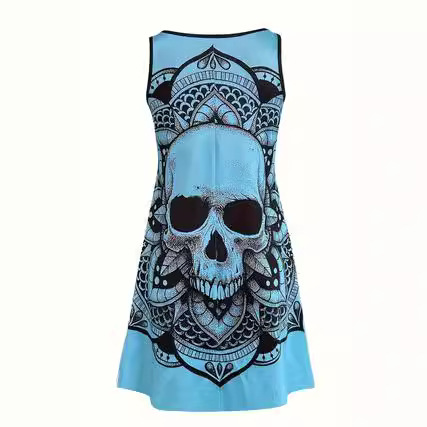 Skull Print Sleeveless Loose Tank Dress Sky Blue
