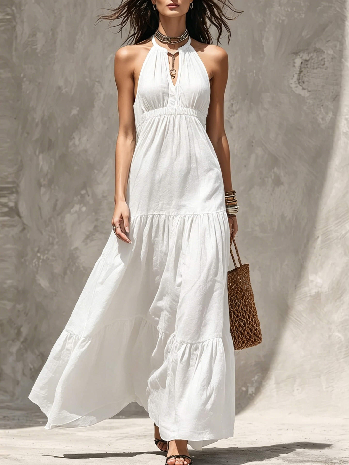 Women's Halter V-Neck Tiered Maxi Dress