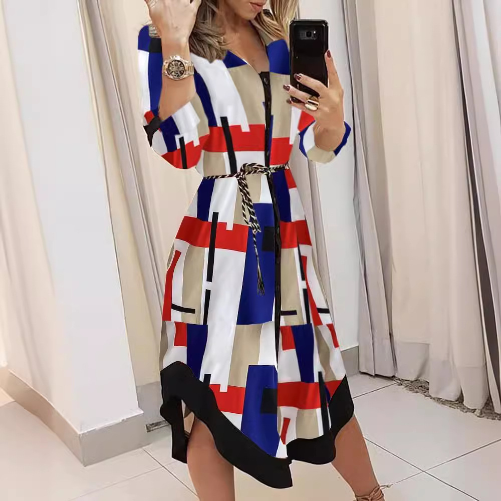 Plaid Print V-Neck Midi Dress with Tie Belt and Three-Quarter Sleeves