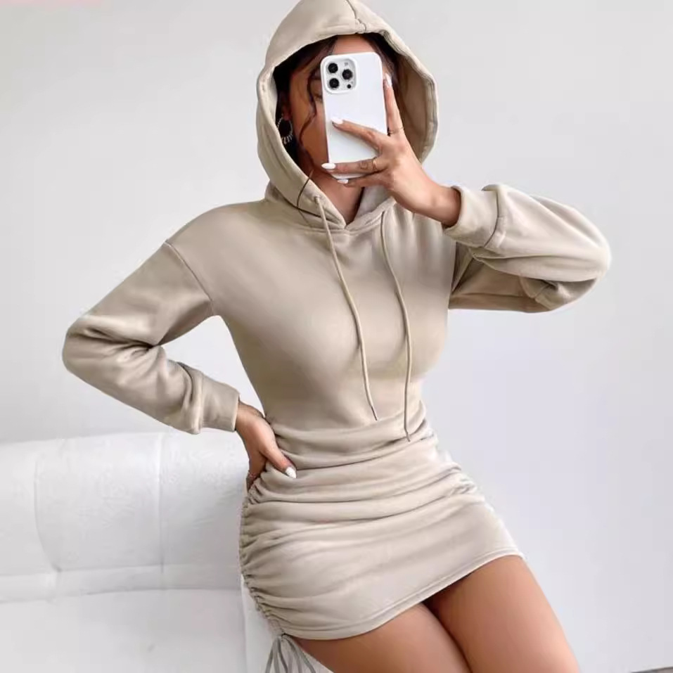 Drawstring Hooded Bodycon Long Sleeve Sweatshirt Dress