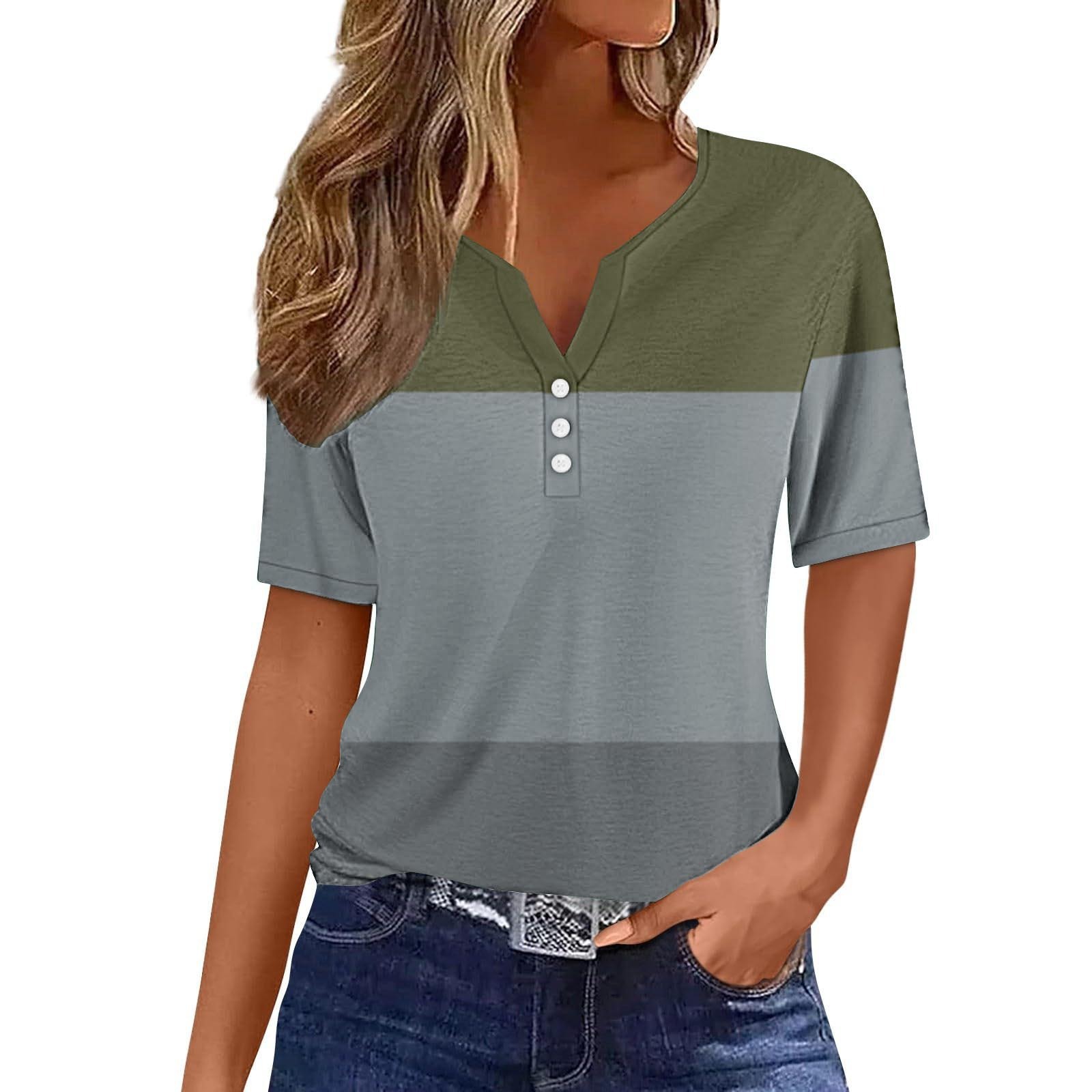 Women's Short Sleeve Color Block Button Slim Fit Top