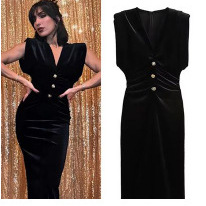 Women's Velvet A-Line Dress with Button Accents and V-Neck