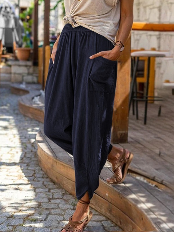 Women's Cotton Linen Wide Leg Harem Pants Casual Beach Trousers