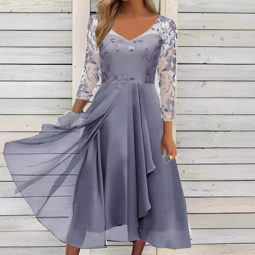 Chiffon V-Neck Hollow-Out Long Dress