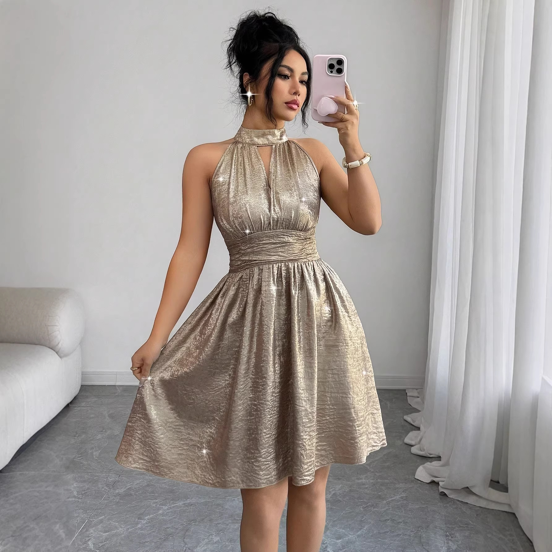 Women's Halter Neck Shiny Bodycon Cutout Party Dress
