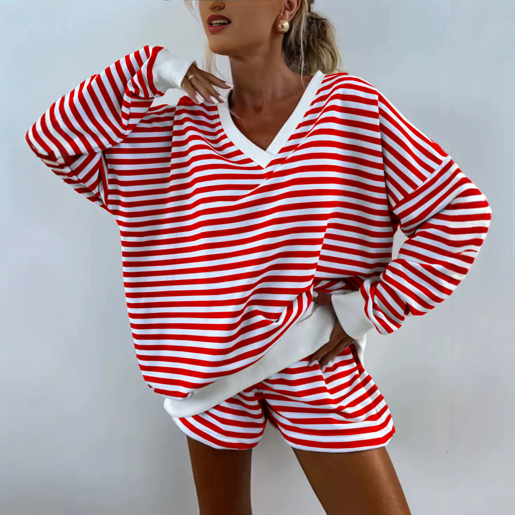 Women's Striped V-Neck Long Sleeve T-Shirt and Shorts Casual Set