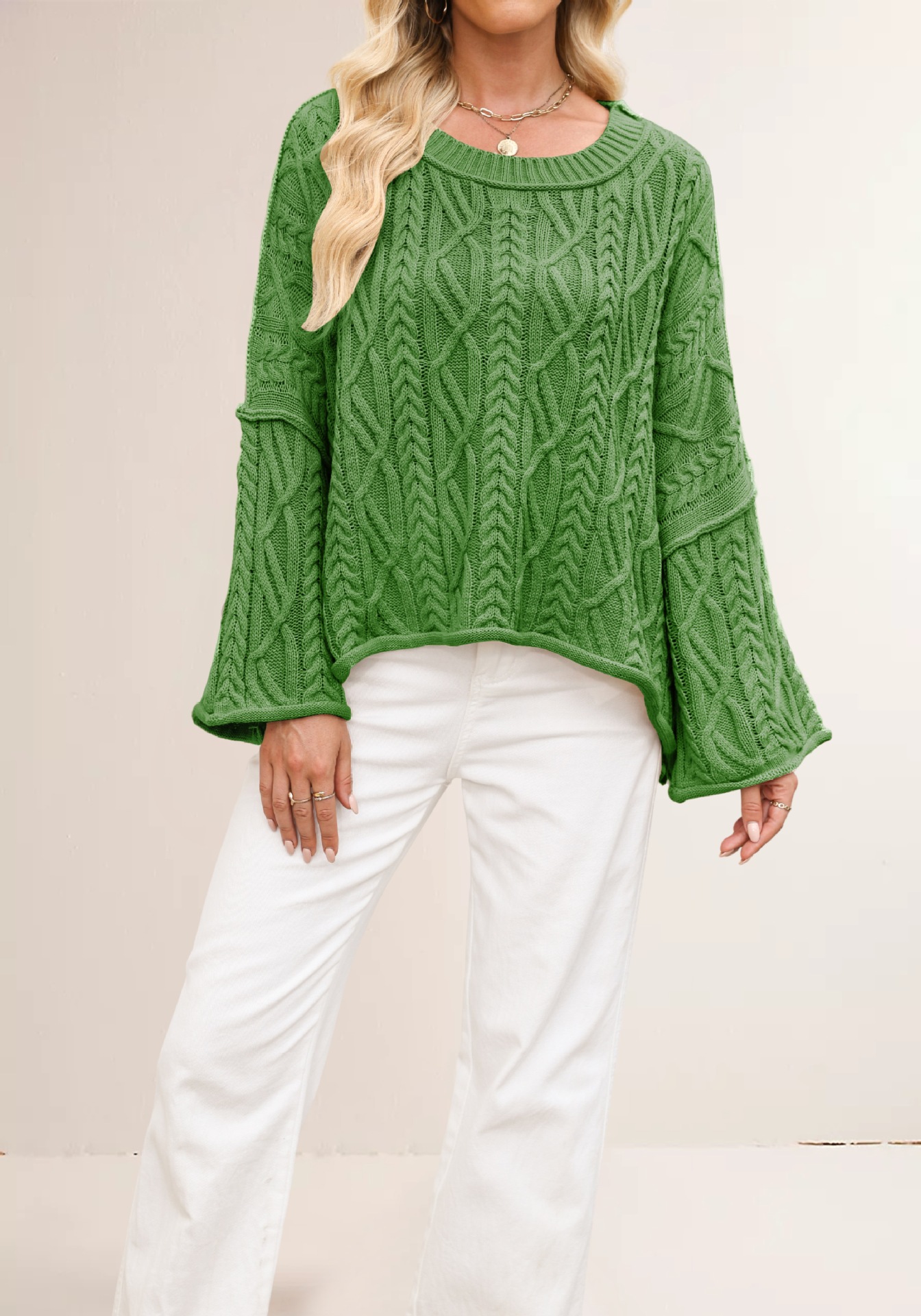 Cable Knit Cropped Sweater Plus Size Loose Crew Neck Pullover