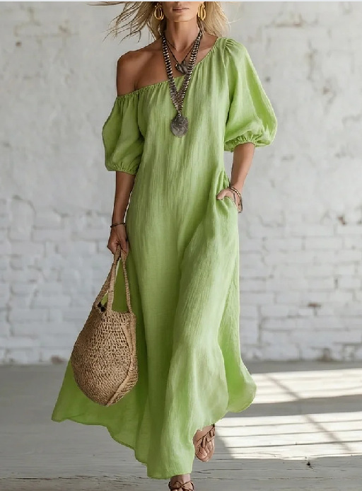 Off-Shoulder Cloud Cotton Puff Sleeve Loose Flowy Maxi Dress