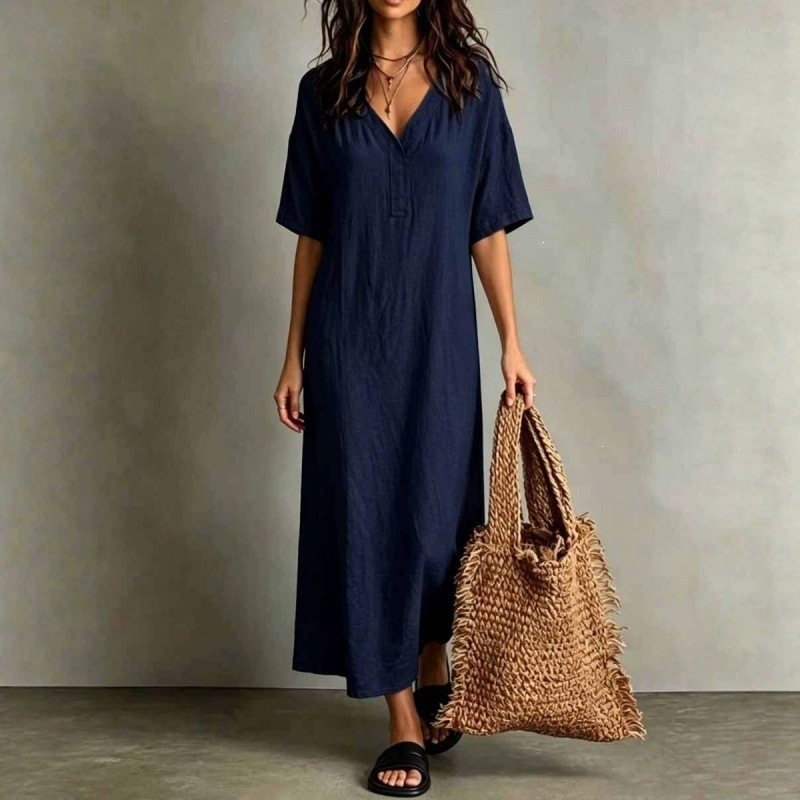 Boho Cotton-Linen Loose A-Line Maxi Dress with V-Neck and Short Sleeves