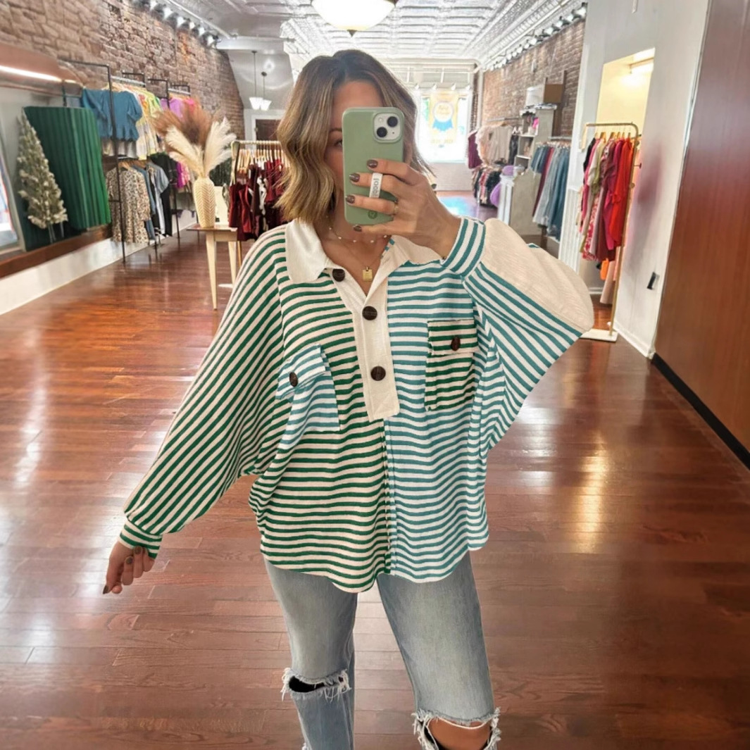 Retro Striped Polo Neck Long Sleeve Pullover Top