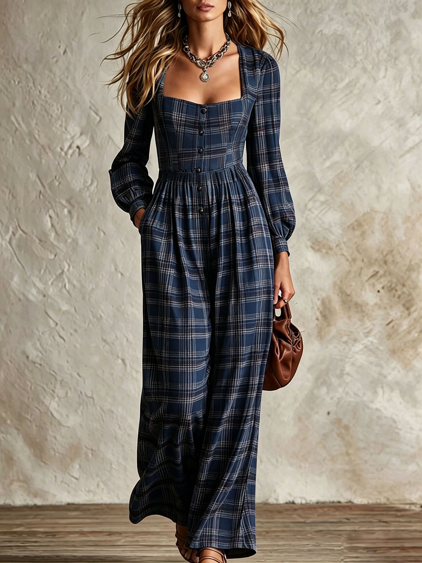 Women's Retro Plaid Square Neck Button-Front Wide-Leg Jumpsuit