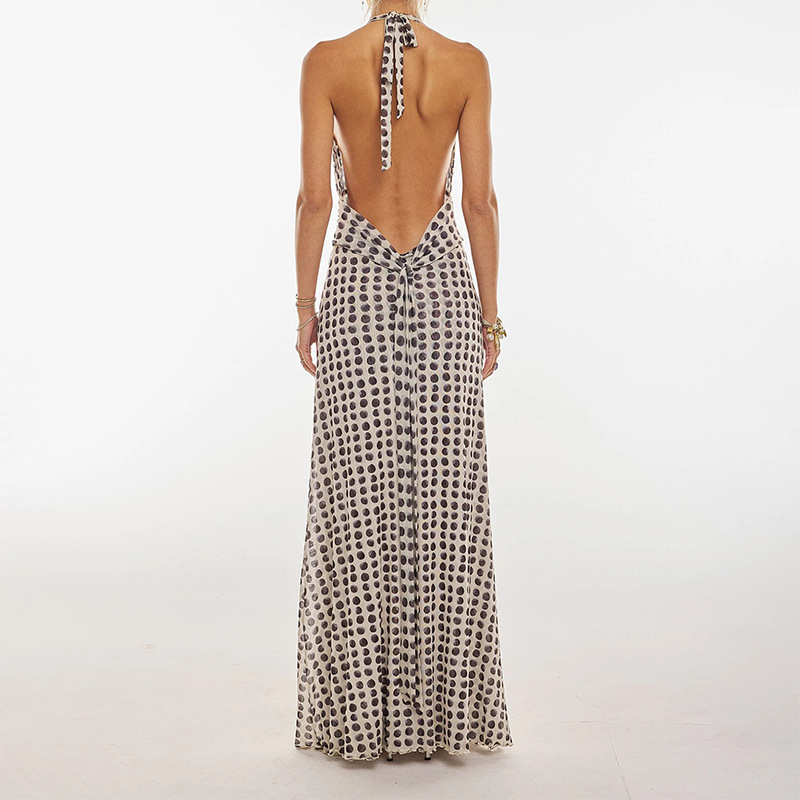 Women's Summer Polka Dot Halter Open-Back Vacation Dress