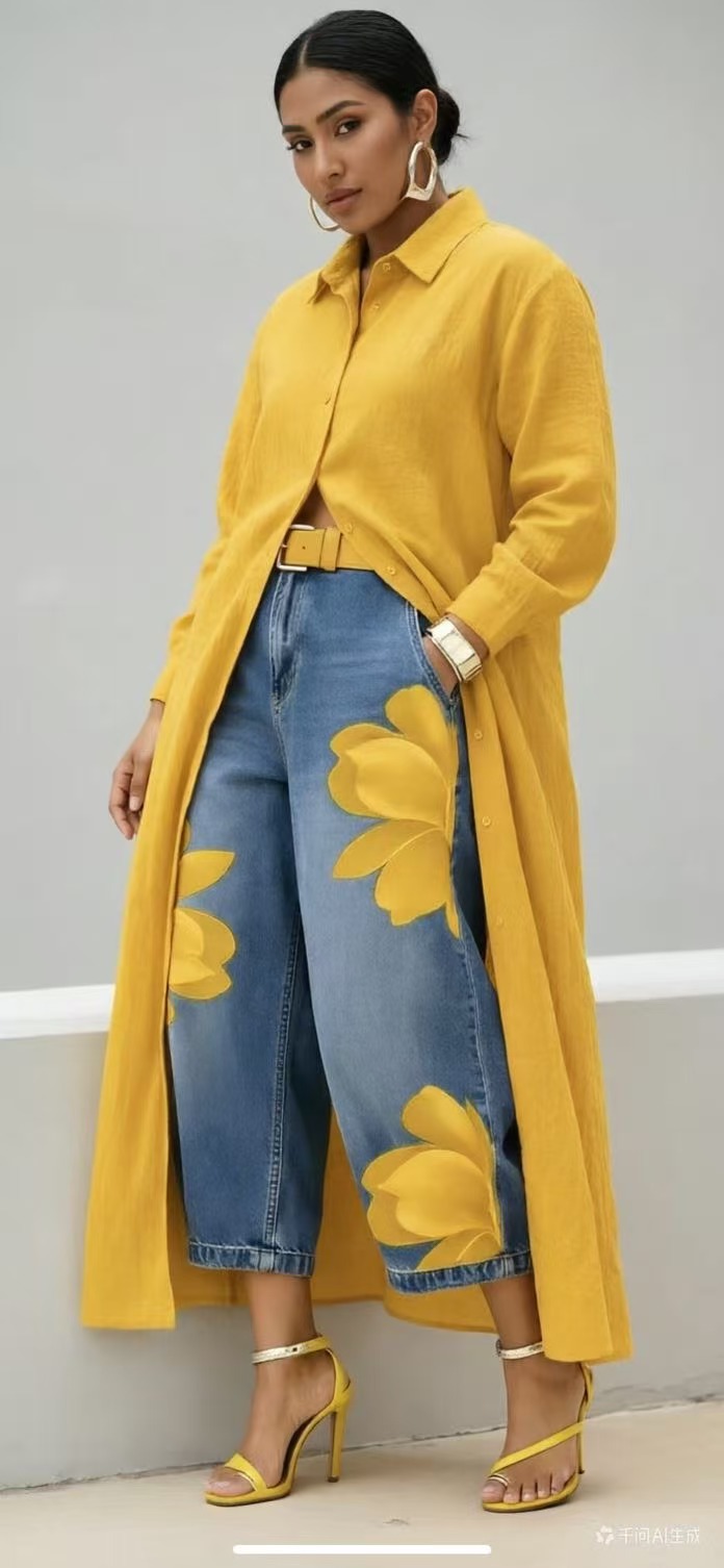 Yellow Long Shirt Jacket & Floral Wide-Leg Jeans Set