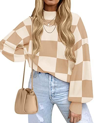 Women's Striped Ribbed Knit Turtleneck Long Sleeve Loose Pullover Sweater
