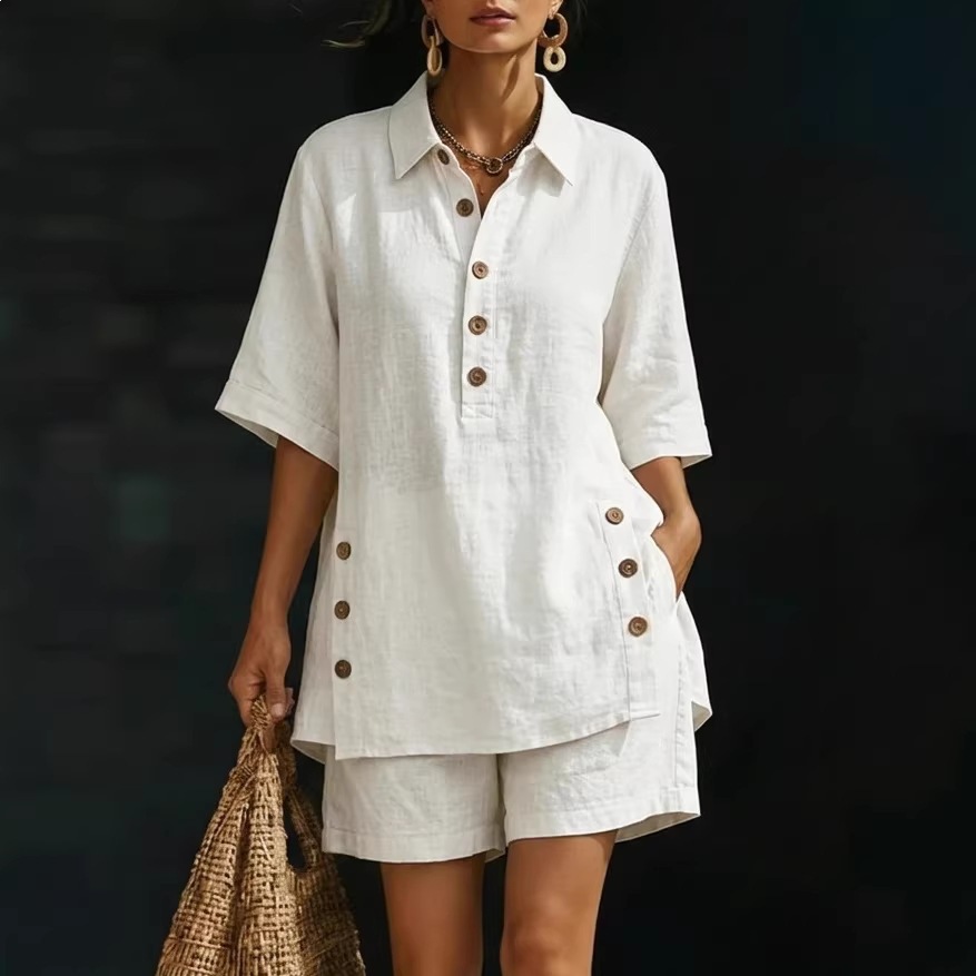 Cotton-Linen Shirt & Shorts Two-Piece Set Casual Loose Button-Down